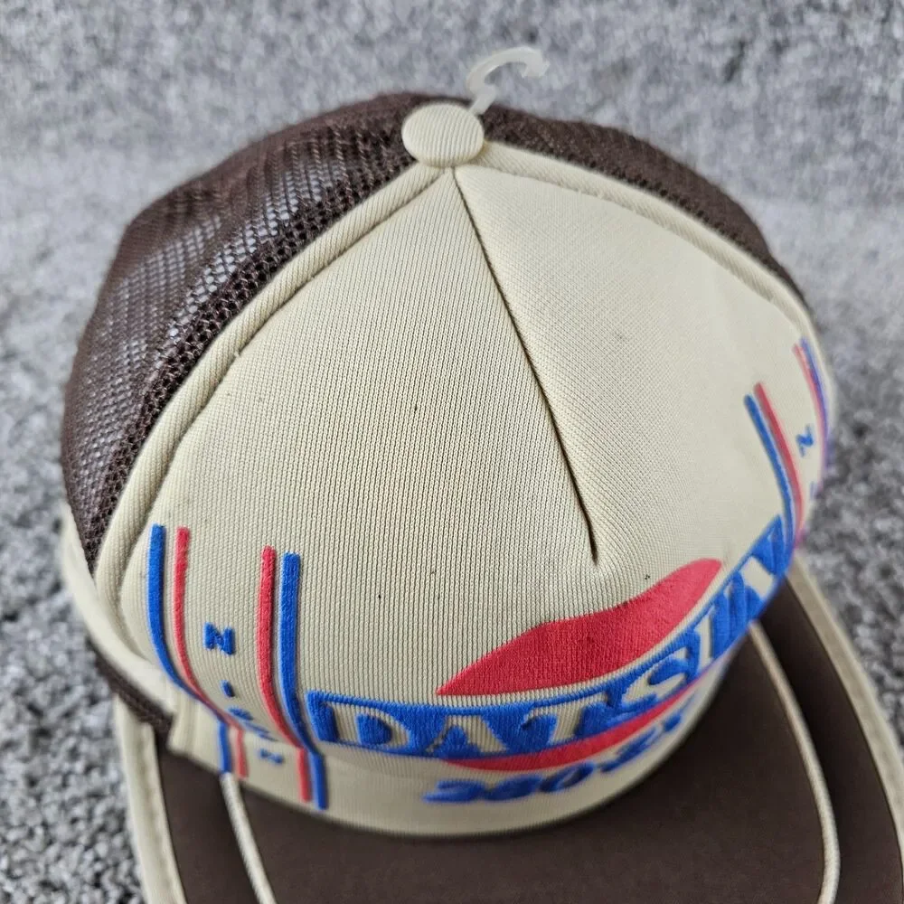 Vintage Datsun Trucker Hat Cap Snap Back 3 Stripe Mesh 280ZX Brown Tuner JDM 80s